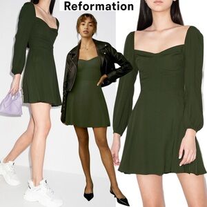 Reformation Olive Green Square-Neck Long-Sleeve Mini Dress